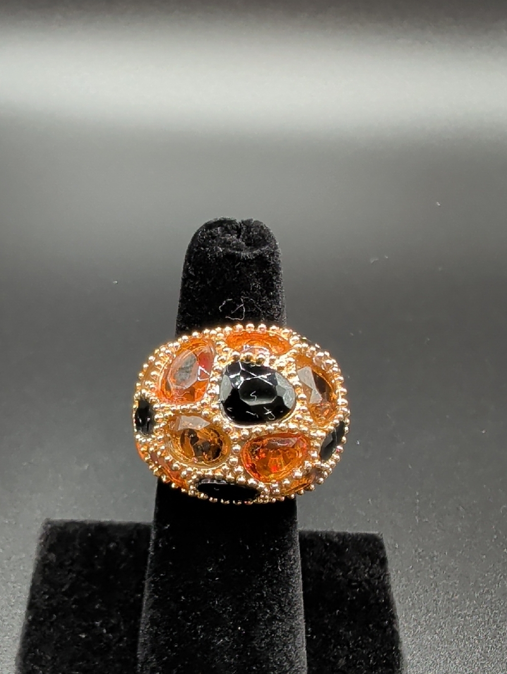 J. Graziano "RJ Gold Tone" Ring W/ Glass Faceted Topaz And Black Crystals, Sz5-6